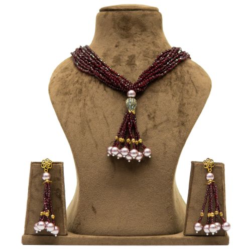 Maroon Beaded Long Necklace Set with Pearl Drops